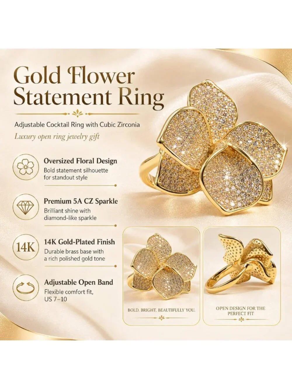 Adjustable Gold Flower Statement Ring with Cubic Zirconia - Chunky Floral